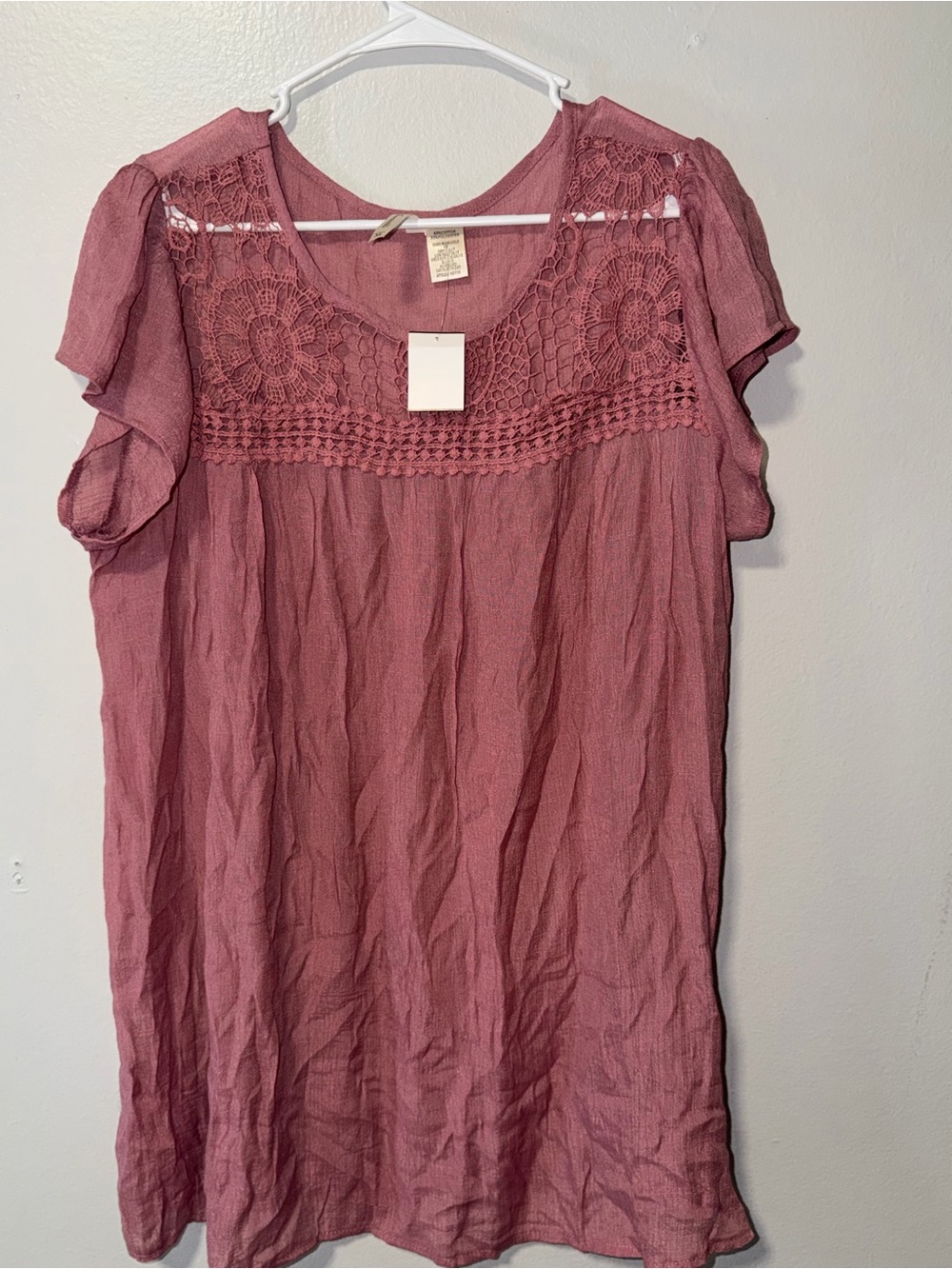 Simply Irresistible Dusty Rose Crochet Yoke Short Sleeve Tunic